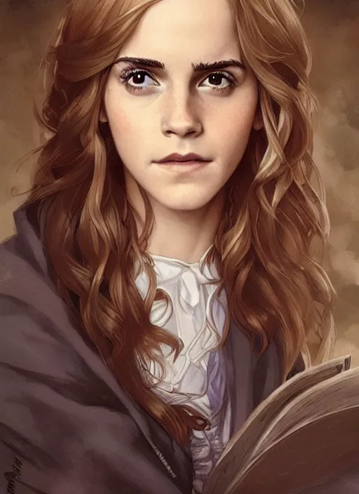 Image similar to emma watson as hermione granger at hogwarts!!!. beautiful detailed face. by artgerm and greg rutkowski and alphonse mucha