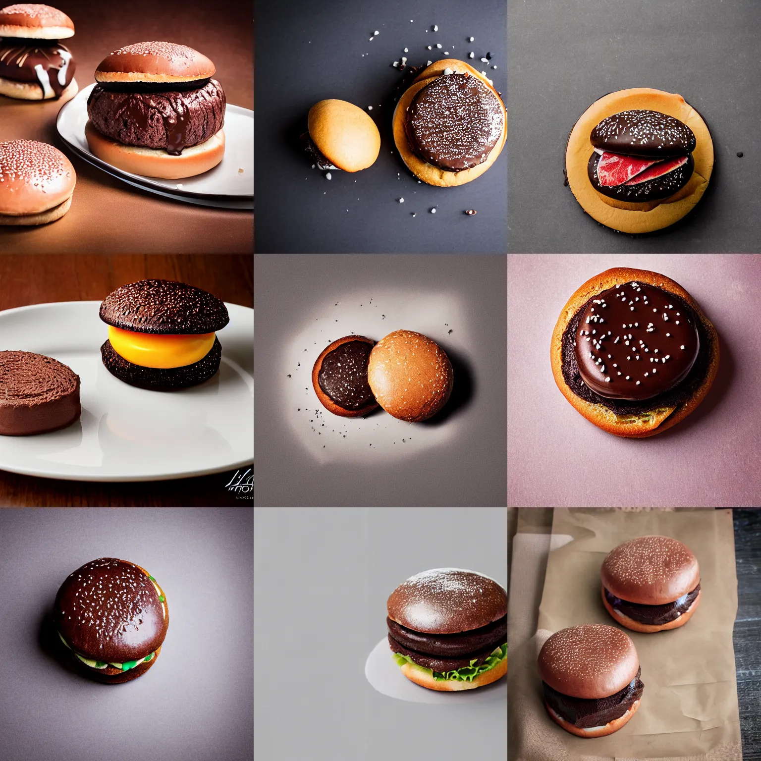 Prompt: chocolate hamburger, food photography, studio lighting