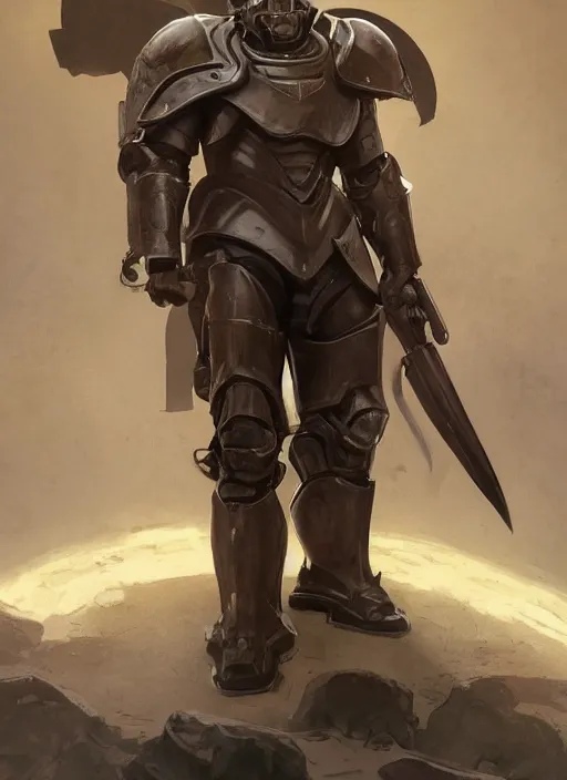 Image similar to medium-length portrait of a male paladin with short curly hair and a salt-and-pepper beard, dark brown skin, happy expression, wears a suit of power armor, magitech, medieval setting, highly detailed, digital painting, artstation, concept art, sharp focus, illustration, art by greg rutkowski and alphonse mucha