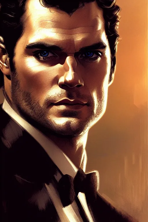 Image similar to portrait of henry cavill as james bond, highly detailed, digital painting, artstation, concept art, cinematic lighting, sharp focus, illustration, art by gaston bussiere and alphonse mucha