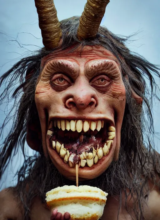 Image similar to closeup portrait of a medieval goblin eating cakes, depth of field, zeiss lens, detailed, symmetrical, centered, fashion photoshoot, by Annie Leibovitz and Steve McCurry, David Lazar, Jimmy Nelsson, Breathtaking, 8k resolution, extremely detailed, beautiful, establishing shot, artistic, hyperrealistic, beautiful face, octane render