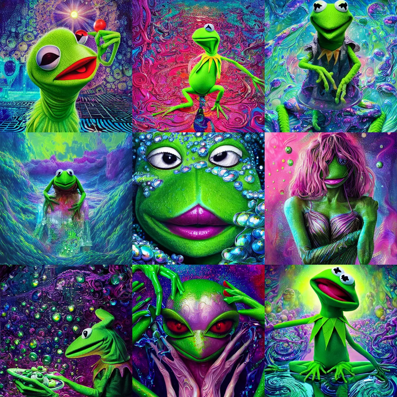 Prompt: ultra detailed illustration of Kermit the Frog covered in a sea of iridescent liquid by nekro, Karol Bak, colorful, vivid colors, 8k, coherent, anime vibes, uplifting, magical composition, artstation, synthwave, 8k, coherent, artgerm, uplifting, unreal engine, magical composition, artstation