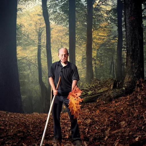 Prompt: closeup portrait of a cleaner with a huge rake in a fall forest, by Steve McCurry and David Lazar, natural light, detailed face, CANON Eos C300, ƒ1.8, 35mm, 8K, medium-format print