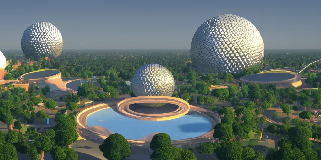 Prompt: epcot center, viewed from a distance, 4 k digital art, volumetric lighting, trending on artstation, high quality,