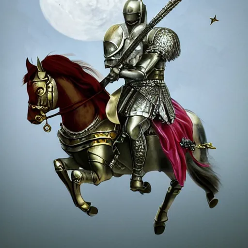 Prompt: silver knight in shining armor with ruby gems and a gold sword on a horse in a foggy lake under moonlight