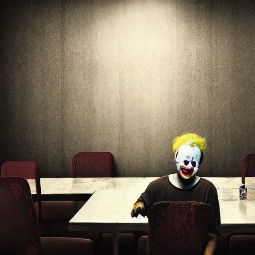 Image similar to Clown sitting in an empty diner at night, digital art, award-winning art, matte painting, horror, scary, eerie, ominous, unnerving, 8k