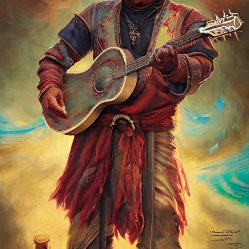 Image similar to detailed photo of a Half-orc bard portrayed by Gary Busey playing a lute, 8k,by Tristan Eaton, Stanley Artgermm, Tom Bagshaw, Greg Rutkowski, Carne Griffiths, trending on DeviantArt, face enhance, hyper detailed ,full of color, dramatic lightning, epic stance