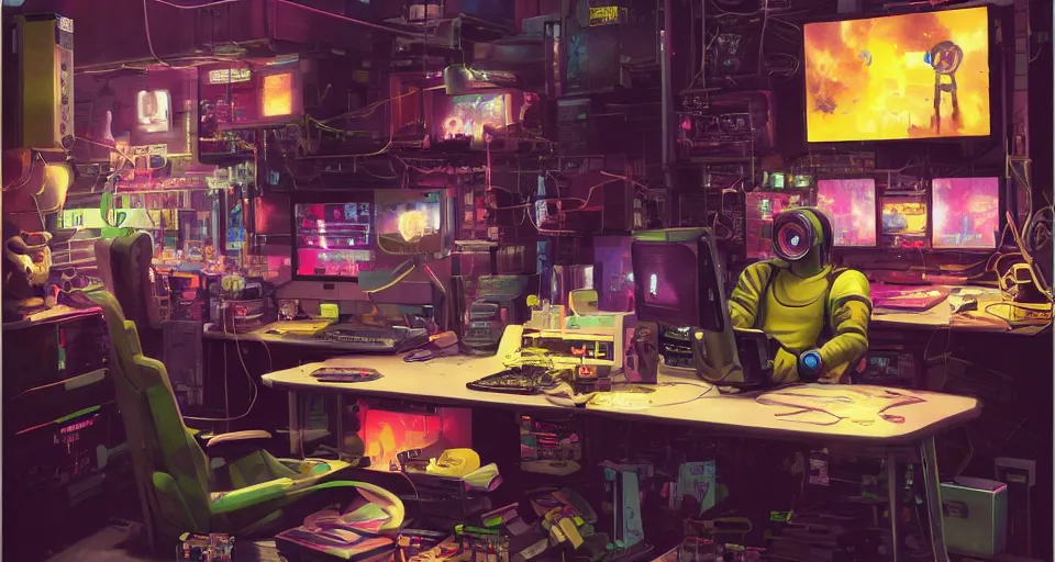 Image similar to IKEA catalogue photo of a cyberpunk bureau gamer, by Paul Lehr