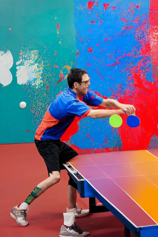 Prompt: man playing table tennis, paddle and ball, colorful paint splatters