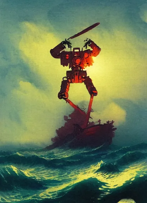 Prompt: vintage anime cinematic robot warrior emerging from moonlit tsunami wave over city by Ivan Aivazovsky, watercolor concept art by Syd Mead, by william herbert dunton, watercolor strokes, japanese woodblock, by Jean Giraud