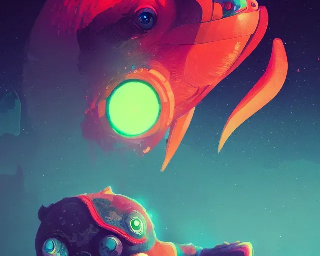 Image similar to tucan on the moon with neon cute giant eyes, intricate abstract. intricate artwork, by tooth wu, wlop, beeple, dan mumford. concept art, octane render, trending on artstation, greg rutkowski very coherent symmetrical artwork. cinematic, key art, hyper realism, high detail, octane render, 8 k, iridescent accents