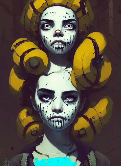 Image similar to highly detailed portrait of a sewer punk young lady with white graffiti face paint by atey ghailan, james gilleard, by joe fenton, by greg rutkowski, by greg tocchini, by kaethe butcher, 4 k resolution, gradient yellow, black, brown and cyan color scheme, grunge aesthetic!!! ( ( dystopian graffiti tag wall in background ) )