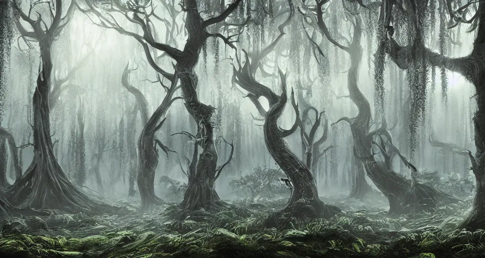 Image similar to A dense and dark enchanted forest with a swamp, by Artstation