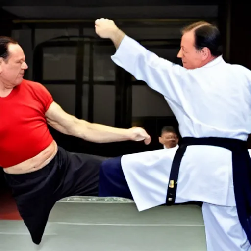 Image similar to Carlo Calenda fights against Silvio Berlusconi in a Kung Fu match