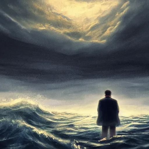 Image similar to a single man on a boat who is amazed by the beauty of a huge storm in the middle of the sea that is about to absorb him and end his life, illustration, digital art, d & d, trending on art station, masterpiece