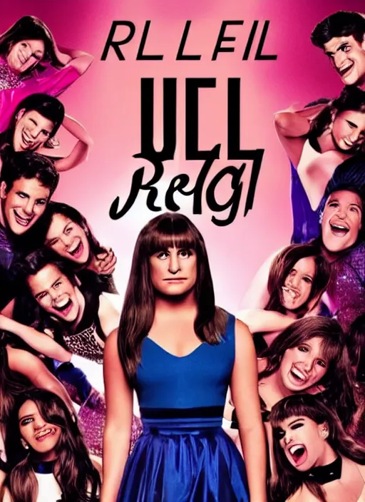 Image similar to glee sequel poster where rachel berry is the villain, evil, lea michele, with text, airing in 2 0 2 3