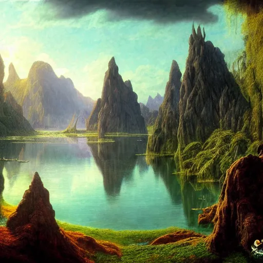 Image similar to a beautiful and highly detailed matte painting of the lost land by a beautiful lake, bright sunlight, celtic, psychedelic, epic scale, insanely complex, hyperdetailed, sharp focus, hyperrealism, artstation, cgsociety, 8 k, bright colors, by caspar friedrich, albert bierstadt, james gurney, brian froud,