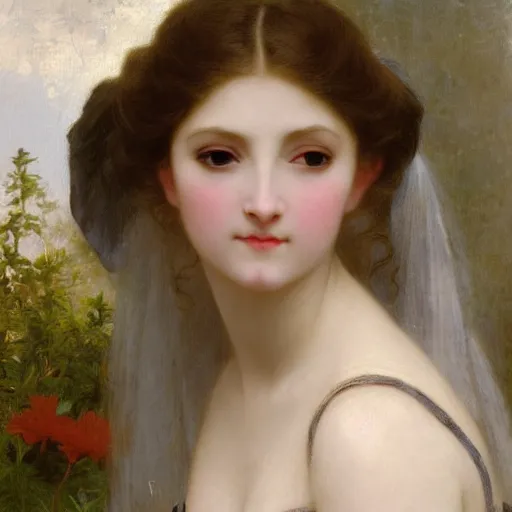 Image similar to portrait painting of a princess, close-up, highly beautiful, elegant, graceful, platinum hair, pale, by Bouguereau, highly detailed