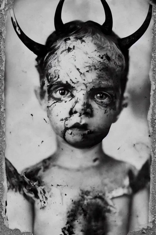 Prompt: portrait of young demon with horns, old vintage photography, damaged photo, film artifacts, scratches, tears, hyperrealistic, ultra detailed, 4 k