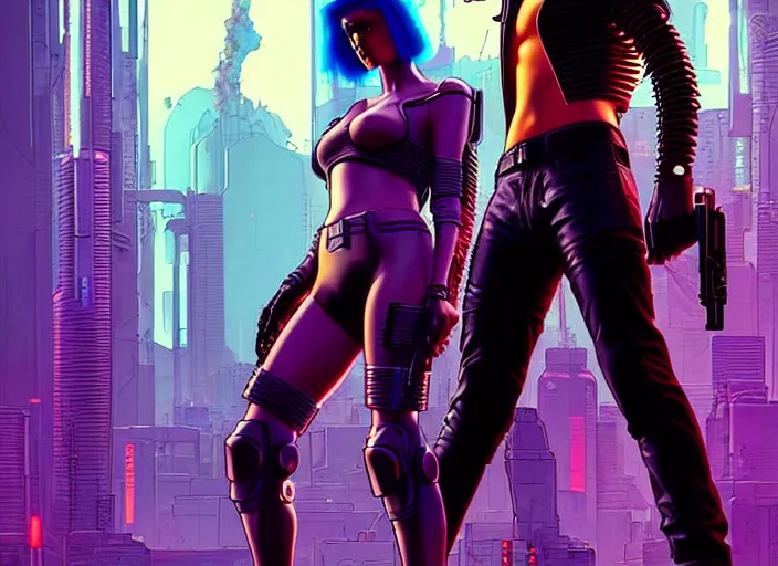 Image similar to cyberpunk hitmen. portrait by stonehouse and mœbius and will eisner and gil elvgren and pixar. character design. realistic proportions. cyberpunk 2 0 7 7 character art, blade runner 2 0 4 9 concept art. cel shading. attractive face. thick lines. the team. diverse characters. artstationhq.