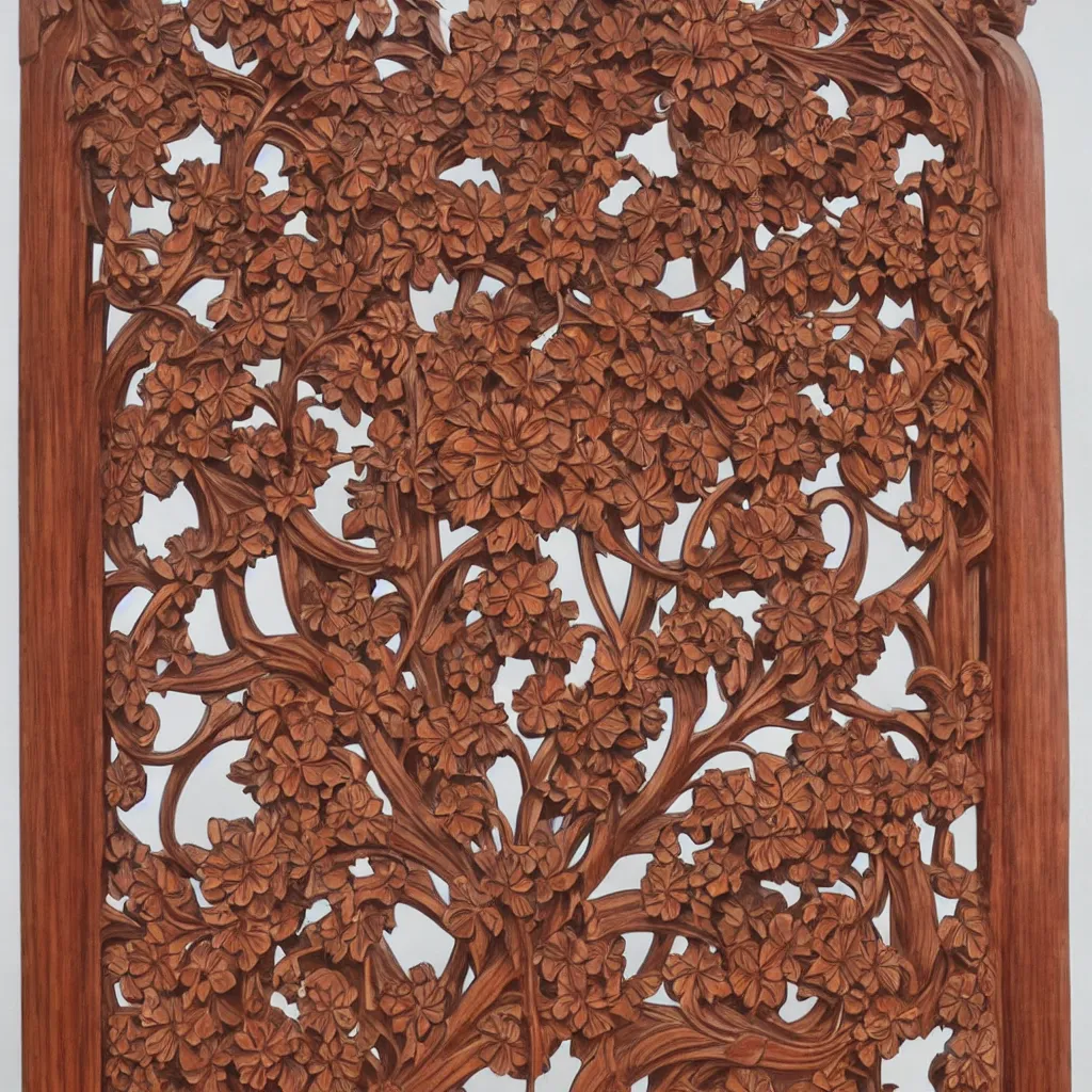 Prompt: a 3 d wooden mahogany art nouveau carved sculpture of a delicate sakura tracery pattern, intricate and highly detailed, well - lit, ornate, realistic, polished with visible wood grain