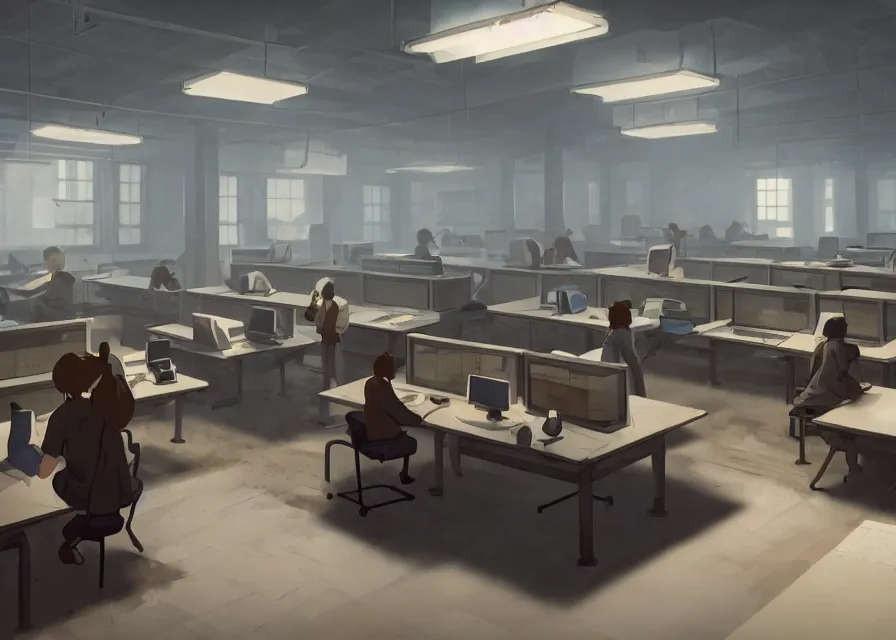 Prompt: an interior room with old pc computers stacked on the walls and people sitting at desks, makoto shinkai, dusty, matte painting