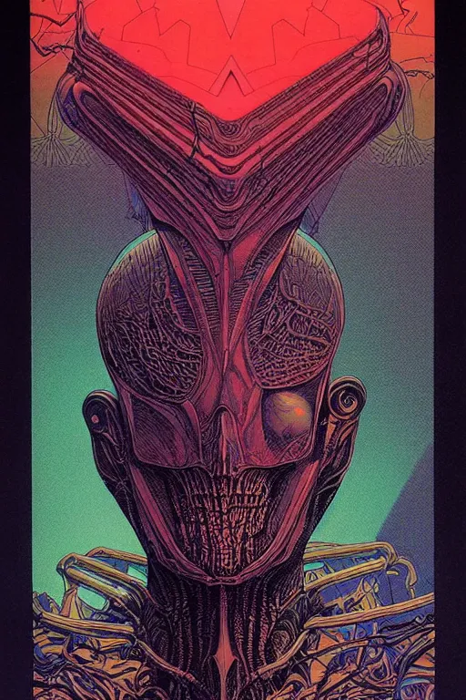 Image similar to portrait of black and psychedelic grainshading print by moebius, richard corben, wayne barlowe, cyberpunk comic cover art, psychedelic triangular skeleton, very intricate, thick outline, full body, symmetrical face, long black crown, in a shapes background, galactic dark colors