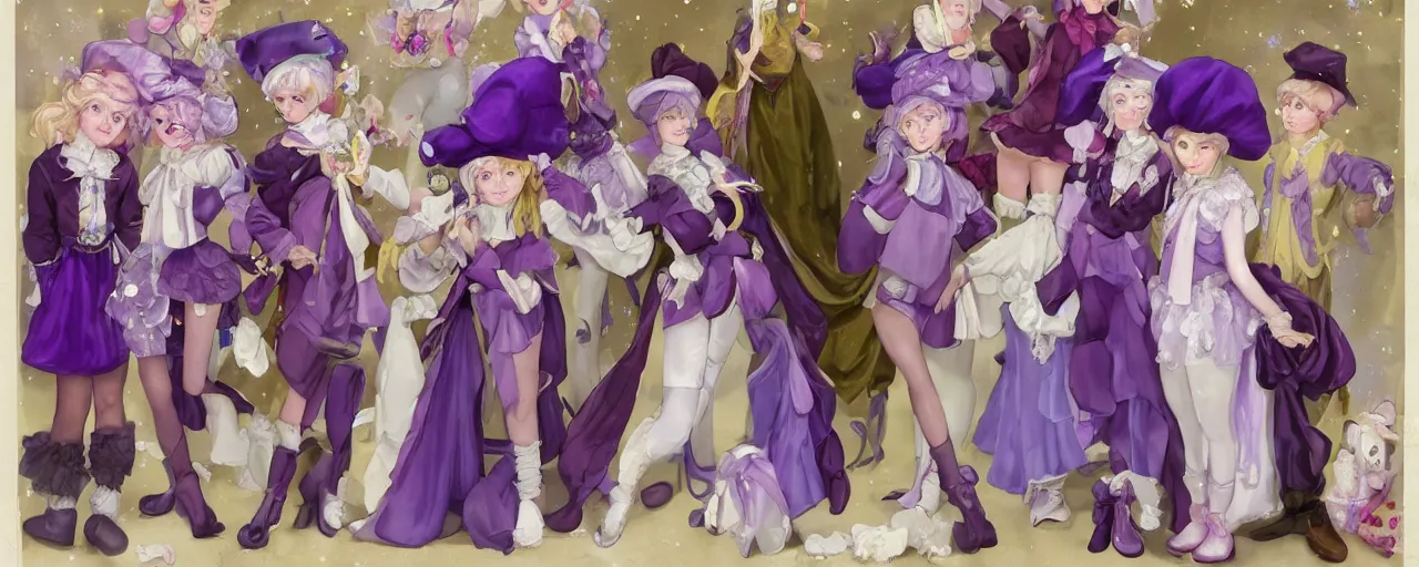 Image similar to A character sheet of full body beautiful and mysterious mystical girls with short blond hair wearing an oversized purple Beret, A purple and white dress uniform, Short Puffy pants made of silk, a fluffly petticoat, pointy jester shoes, a big billowy scarf, Golden Ribbon, and white leggings Covered in stars. Short Hair. Sunlit. Haute Couture.Art by william-adolphe bouguereau and Paul Delaroche and Alexandre Cabanel and Lawrence Alma-Tadema. Smooth. Elegant. Highly Detailed. Intricate. 4K. UHD. Denoise.