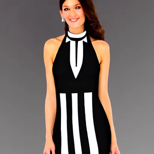 Prompt: thigh length dress, mostly black, white trim with a cross halter neckline
