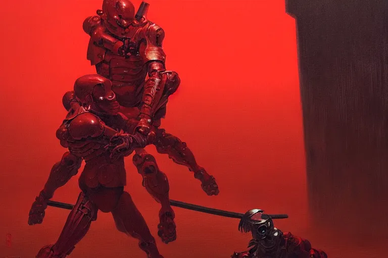 Image similar to only with red, a red cyborg samurai, tokio futuristic in background, some evil yokai fight, in the style of beksinski, parts by edward hopper, parts by rodcenko, parts by yue minjun, intricate and epic composition, red by caravaggio, insanely quality, highly detailed, masterpiece, red light, artstation, 4 k