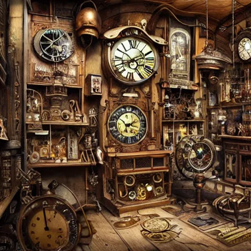 prompthunt: interior of a steampunk clock shop, father time tinkering, old  grandfather clocks everywhere, realistic, very intricate hyper detailed  collage on paper