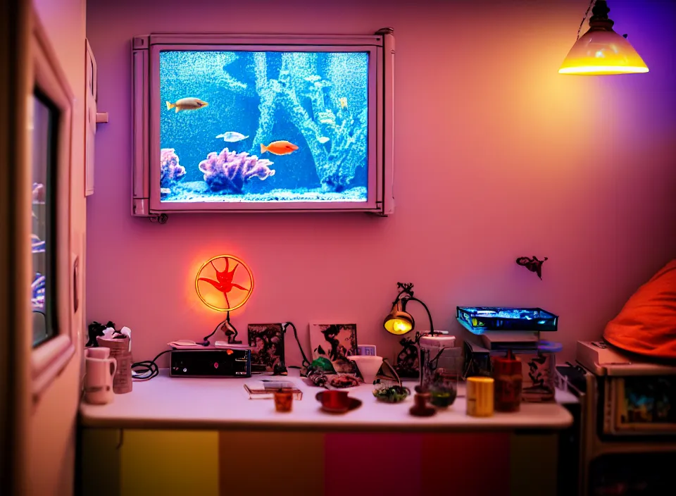 Image similar to telephoto 7 0 mm f / 2. 8 iso 2 0 0 photograph depicting the feeling of chrysalism in a cosy cluttered french sci - fi ( art nouveau ) cyberpunk apartment in a pastel dreamstate art cinema style. ( aquarium, computer screens, window ( city ), leds, lamp, ( ( ( aquarium bed ) ) ) ), ambient light.