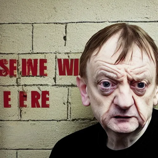 Image similar to mark e smith uncomfortably crouched in a small cage with a sign that says for sale