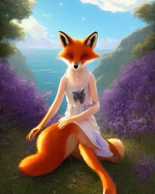 Image similar to an anthropomorphic fox girl with purple hair wearing a simple sundress, this fox has a pronounced snout and two pointed black ears, beautiful lake background, illustration by greg rutkowski, thomas kindkade, loish, artstation, furaffinity, deviantart