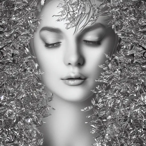 Prompt: a highly detailed digital image of an elegant woman surrounded and engulfed in silver leaves, matte background, artstation, detailed woman, stunning volumetric lighting, elegant, fantasy, 4k,