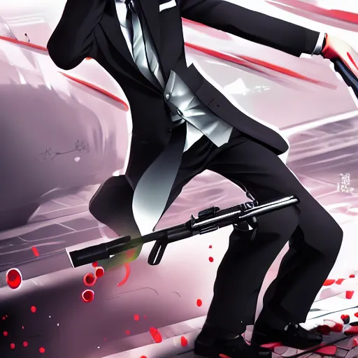 Image similar to portrait of agent 4 7 cleaning his gun, anime fantasy illustration by tomoyuki yamasaki, kyoto studio, madhouse, ufotable, trending on artstation