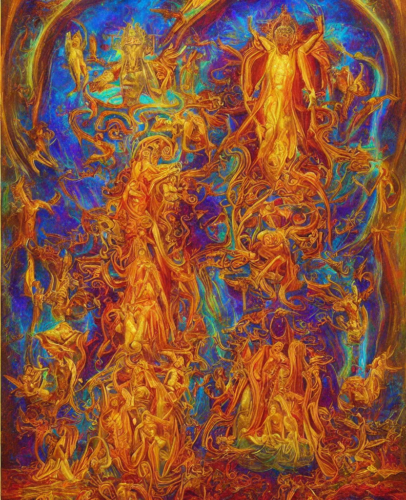 Image similar to holy throne of the gnostic god, award winning oil painting, iridescent aberration celestial color palette