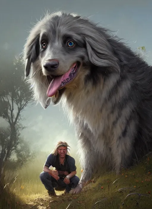 Prompt: highly detailed hyperrealistic painting of a blonde long - haired hillbilly in front of old rough house, with his fluffy black and gray australian shepherd, bonfire, stephen bliss, art by greg rutkowski, loish, rhads, ferdinand knab, makoto shinkai and lois van baarle, tom bagshaw, global illumination, artstation