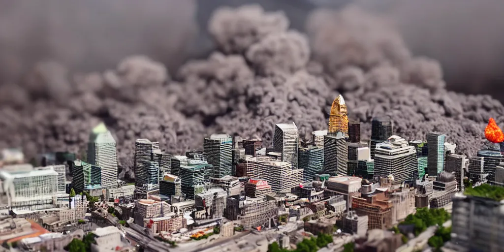 Image similar to a miniature diorama of downtown montreal with volcano mount - royal erupting, olympic stadium on fire, macro photography, tilt shift