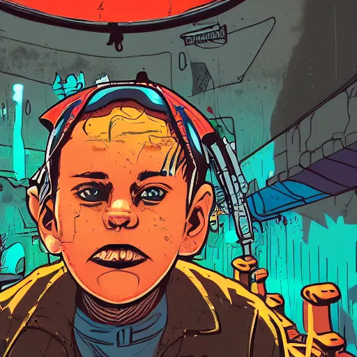 Prompt: in the style of max prentis and deathburger and laurie greasley a close up of a young explorer wearing a cyberpunk headpiece spraying graffiti on a wall, fish eye lens, highly detailed, 8 k wallpaper