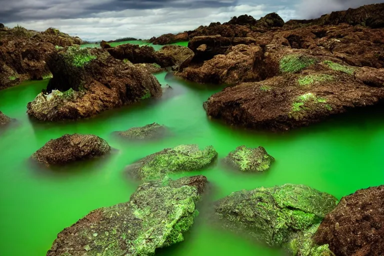 Image similar to glowing green rocks, toxic sludge, like where the hulk would live, landscape