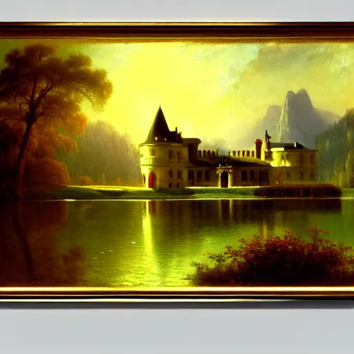 Image similar to beautiful illustration of chateau in a serene landscape, by albert bierstadt, magic realism, narrative realism, beautiful matte painting, heavenly lighting, retrowave, 4 k hd wallpaper