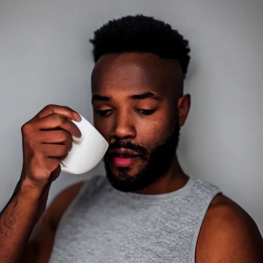 Image similar to a black man drinking a coffee, ( sony a 7 r iv, symmetric balance, polarizing filter, photolab, lightroom, 4 k, dolby vision, photography award, picturesque ) warm lighting, 2 7 0 0 k,