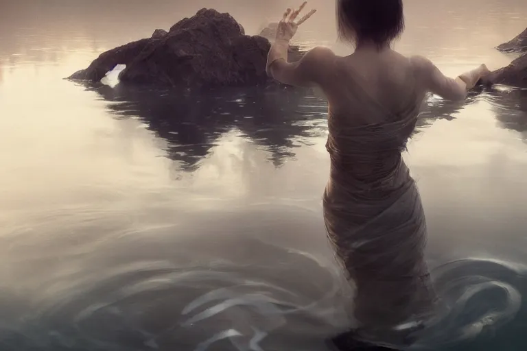 Image similar to first person perspective of a woman looking at her hands full of rings, the woman is reflected in the water of a lake, in the style of ruan jia, illustration, epic, fantasy, hyper detailed, smooth, unreal engine, sharp focus, ray tracing