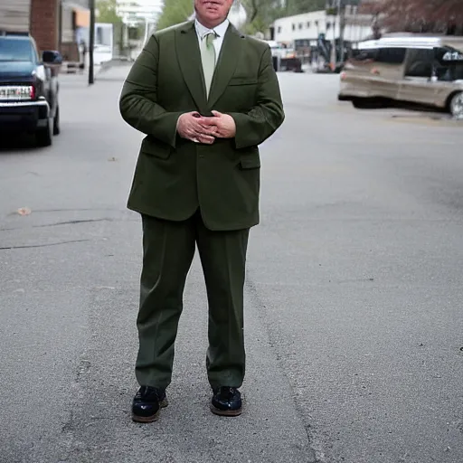 Prompt: the chubby clean-shaven white man stood patiently on the lot wearing an olive green overcoat, dark gray chalk stripe three-piece suit, a blue dress shirt with white cuffs and collars, a midnight blue necktie, and a pair of dirty wheat Timberland work Boots