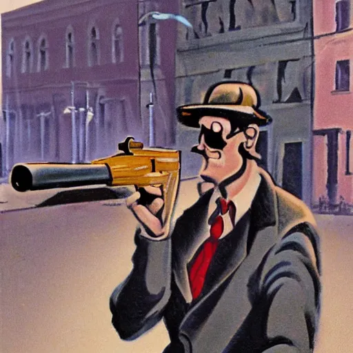 Image similar to detective pointing gun at camera, city street, artwork by ralph bakshi