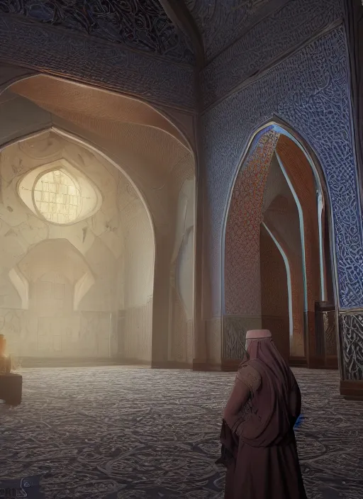 Prompt: muslim mosque, ultra detailed fantasy, elden ring, realistic, dnd character portrait, full body, dnd, rpg, lotr game design fanart by concept art, behance hd, artstation, deviantart, global illumination radiating a glowing aura global illumination ray tracing hdr render in unreal engine 5