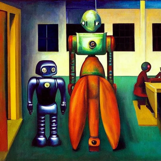 Image similar to robot overlords, grant wwood, pj crook, edward hopper, oil on canvas