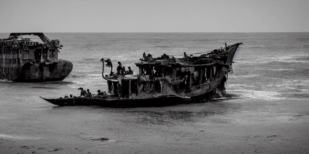 Image similar to sri lankan mad max style, ocean ship, film still, epic shot cinematography, rule of thirds