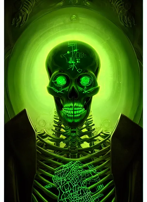 Image similar to portrait of a cyber skeleton, writing ancient evil runes with glowing green ink in a grand ancient book, intricate, elegant, glowing lights, highly detailed, digital painting, artstation, concept art, smooth, sharp focus, illustration, art by wlop, mars ravelo and greg rutkowski